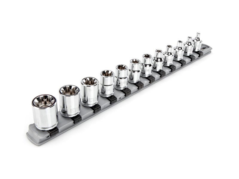 TEKTON 3/8 Inch Drive External Star Socket Set with Rail, 12-Piece (E4 - E20) | SHD91117 - Image 1